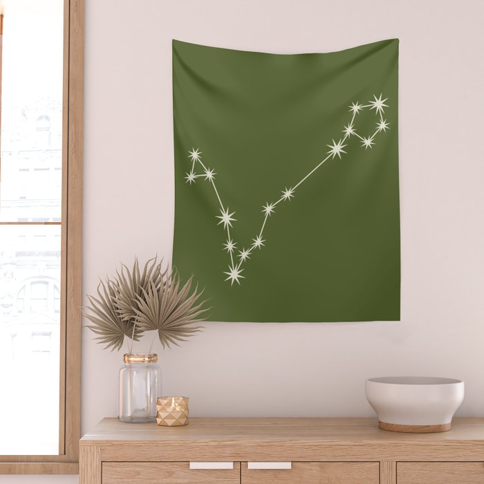Pisces Zodiac Star Constellation Line Art Olive Green Wall Tapestry Gallery Image 2
