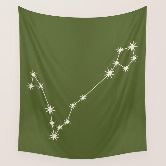 Pisces Zodiac Star Constellation Line Art Olive Green Wall Tapestry Gallery Image 1