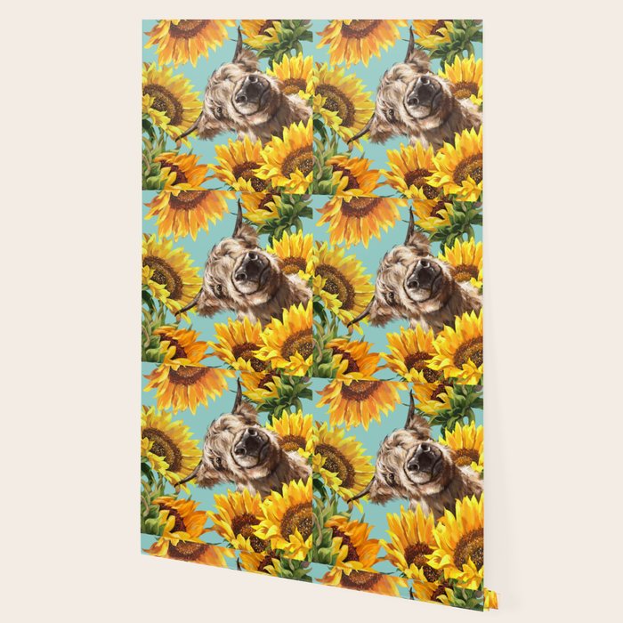 Highland Cow with Sunflowers in Blue Wallpaper Gallery Image 2