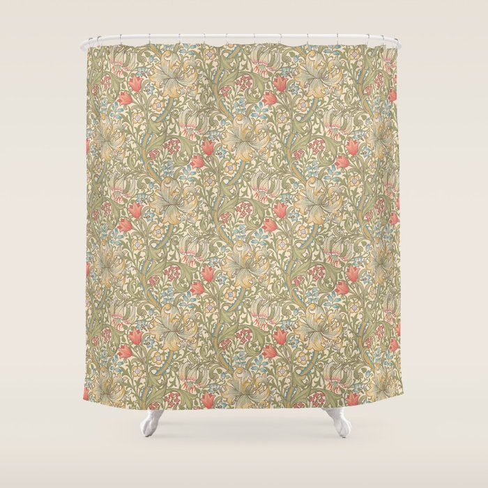 William Morris Golden Lily Minor Green Blue Pink Vintage Pattern Shower Curtain Gallery Image 1