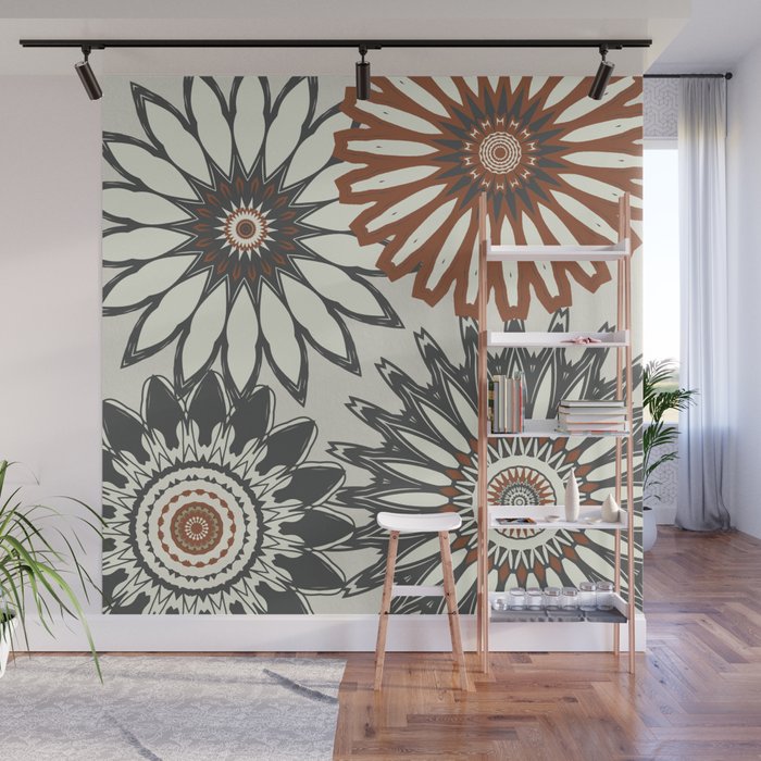 Gray Cream Rust Flowers Wall Mural Gallery Image 1