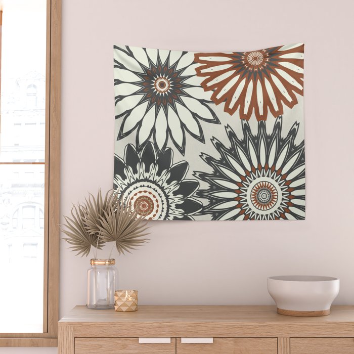 Gray Cream Rust Flowers Wall Tapestry Gallery Image 2