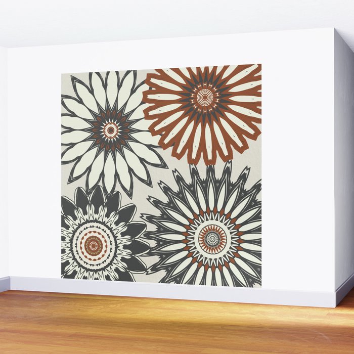 Gray Cream Rust Flowers Wall Mural Gallery Image 2
