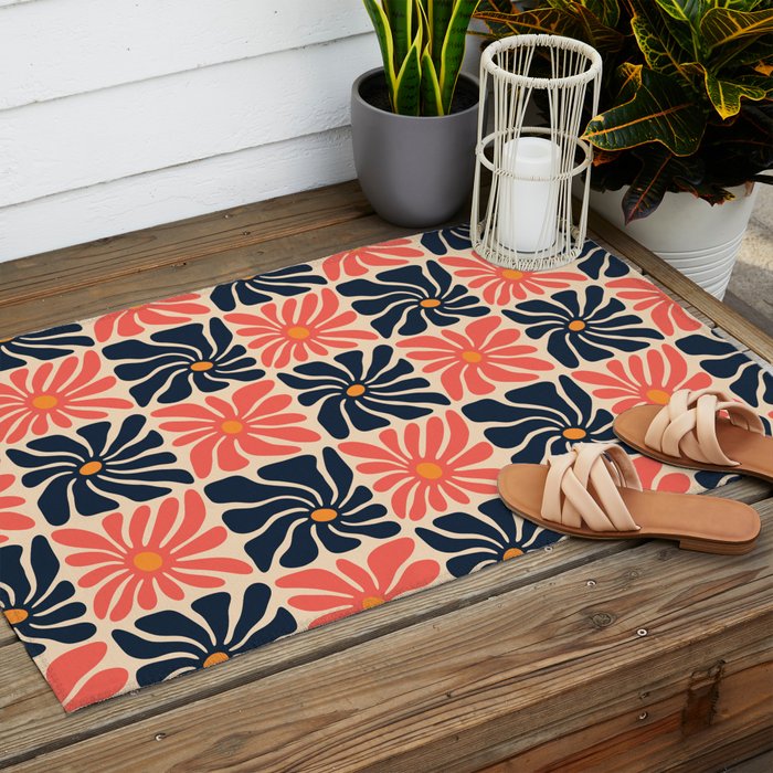 Vintage hippie flower art pattern Outdoor Rug Gallery Image 2