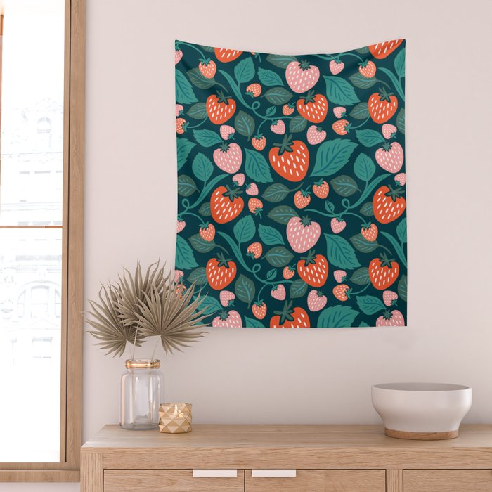 Strawberry Fields - Teal Green & Red Wall Tapestry Gallery Image 2