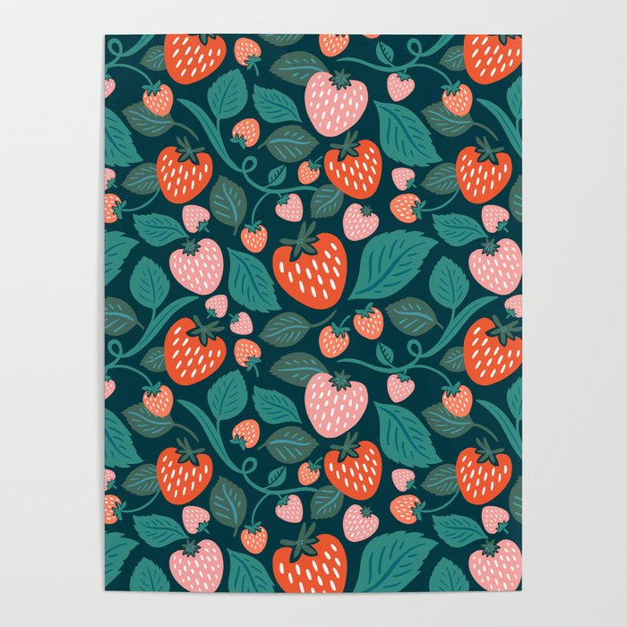 Strawberry Fields - Teal Green & Red Poster Gallery Image 1