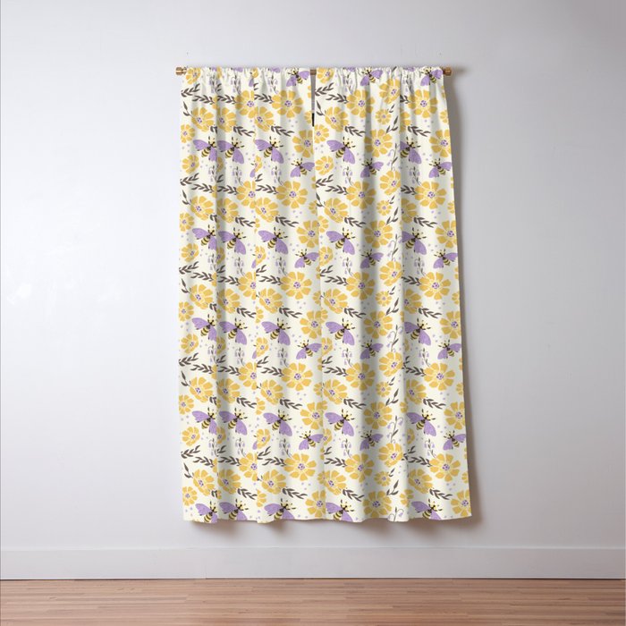 Honey Bees and Flowers - Yellow and Lavender Purple Window Curtain Gallery Image 3