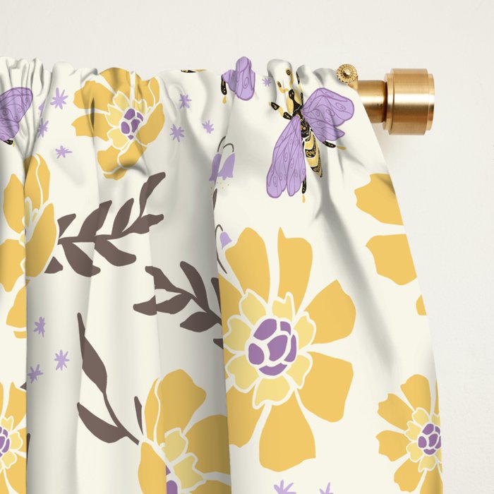 Honey Bees and Flowers - Yellow and Lavender Purple Window Curtain Gallery Image 2