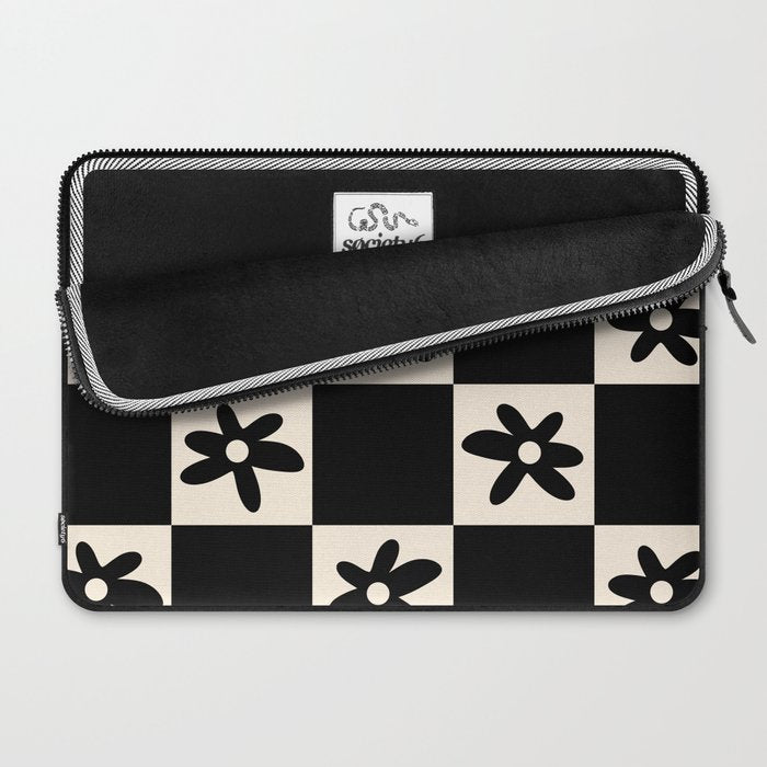 Flower Check Checkerboard Geometric Floral Pattern Black and Almond Cream Laptop Sleeve Gallery Image 2