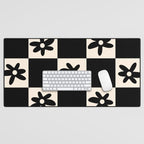 Flower Check Checkerboard Geometric Floral Pattern Black and Almond Cream Desk Mat Gallery Image 1