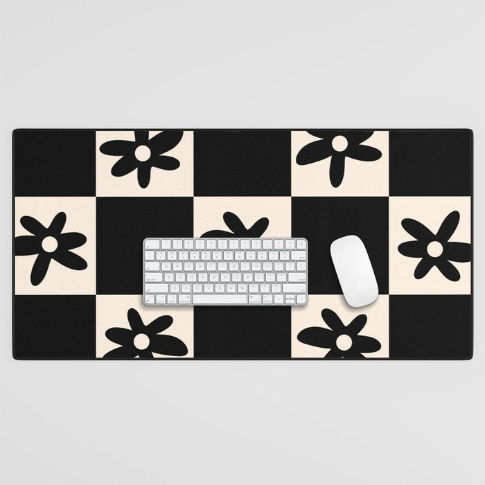Flower Check Checkerboard Geometric Floral Pattern Black and Almond Cream Desk Mat Gallery Image 1