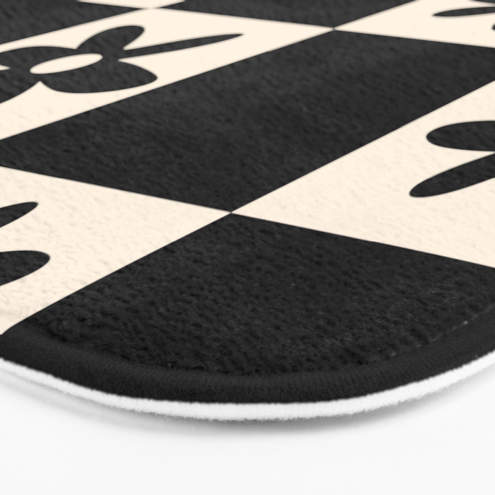 Flower Check Checkerboard Geometric Floral Pattern Black and Almond Cream Bath Mat Gallery Image 3