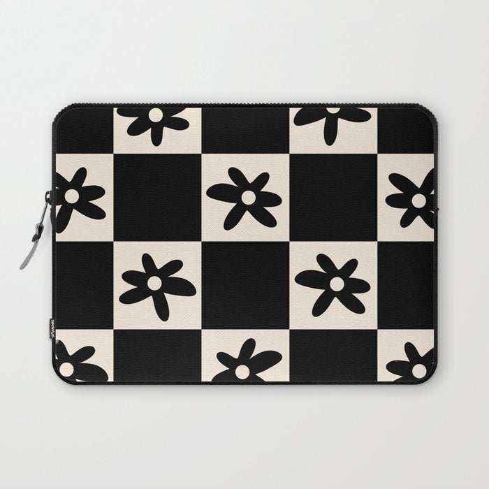 Flower Check Checkerboard Geometric Floral Pattern Black and Almond Cream Laptop Sleeve Gallery Image 1
