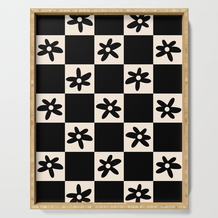 Flower Check Checkerboard Geometric Floral Pattern Black and Almond Cream Serving Tray Gallery Image 1
