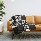 Flower Check Checkerboard Geometric Floral Pattern Black and Almond Cream Throw Blanket Gallery Image 1