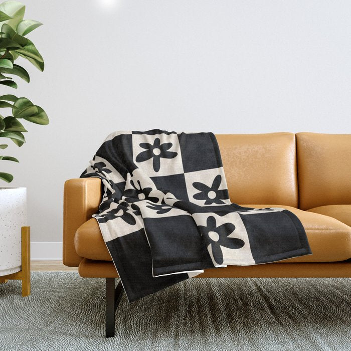 Flower Check Checkerboard Geometric Floral Pattern Black and Almond Cream Throw Blanket Gallery Image 1