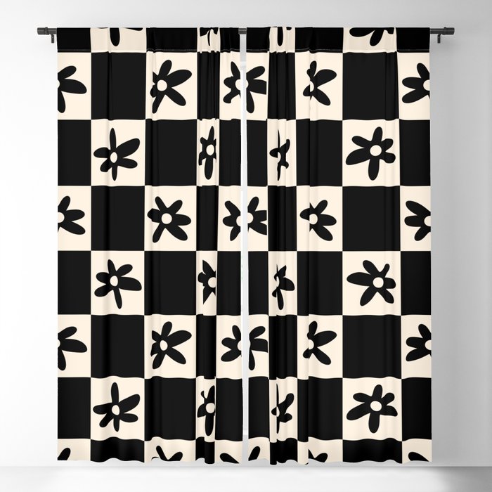 Flower Check Checkerboard Geometric Floral Pattern Black and Almond Cream Window Curtain Gallery Image 5