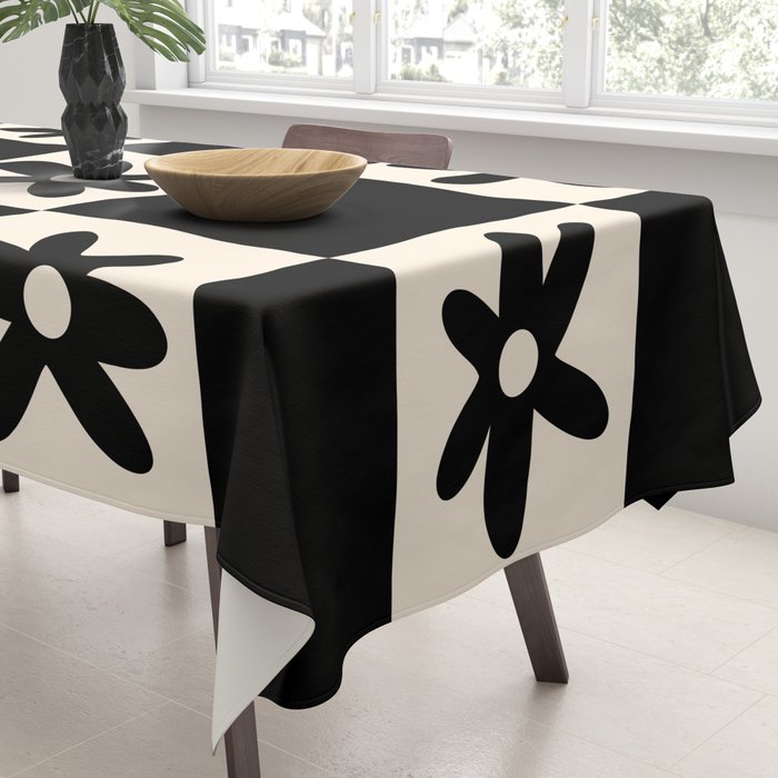 Flower Check Checkerboard Geometric Floral Pattern Black and Almond Cream Tablecloth Gallery Image 3