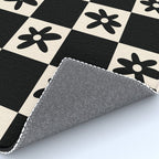 Flower Check Checkerboard Geometric Floral Pattern Black and Almond Cream Rug Gallery Image 4