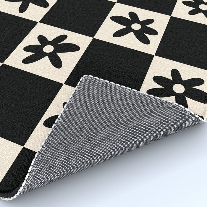 Flower Check Checkerboard Geometric Floral Pattern Black and Almond Cream Rug Gallery Image 4