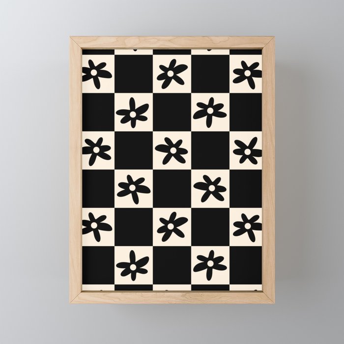Flower Check Checkerboard Geometric Floral Pattern Black and Almond Cream Mini Art Print Gallery Image 1
