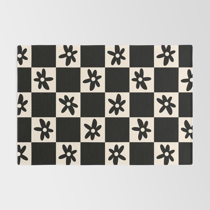 Flower Check Checkerboard Geometric Floral Pattern Black and Almond Cream Rug Gallery Image 2