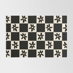 Flower Check Checkerboard Geometric Floral Pattern Black and Almond Cream Rug Gallery Image 2
