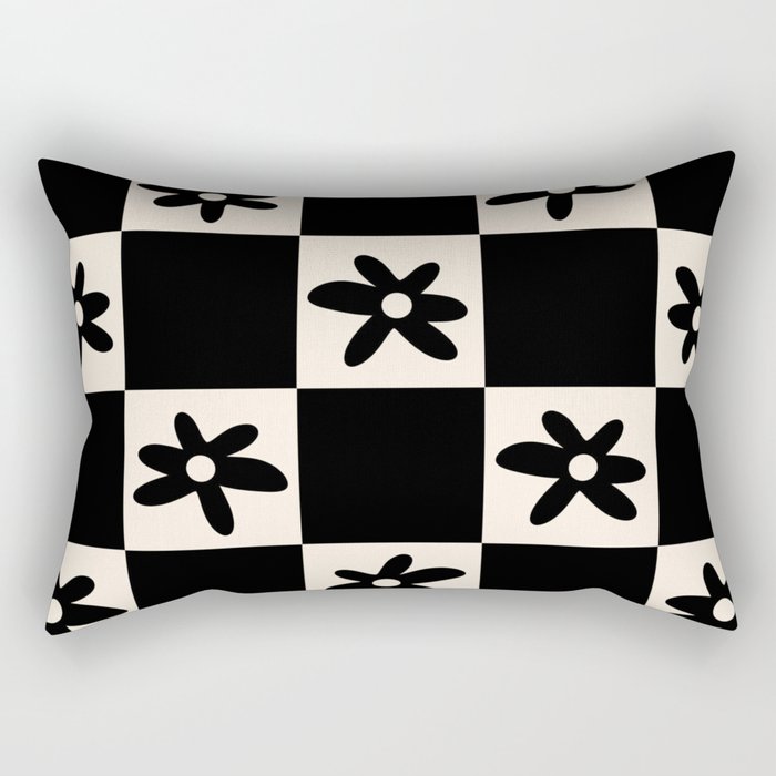 Flower Check Checkerboard Geometric Floral Pattern Black and Almond Cream Rectangular Pillow Gallery Image 2