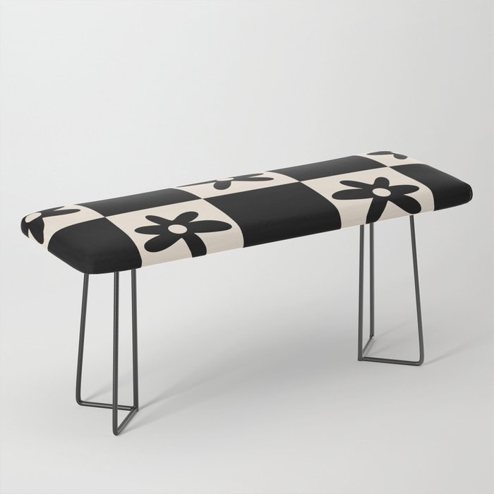 Flower Check Checkerboard Geometric Floral Pattern Black and Almond Cream Bench Gallery Image 1