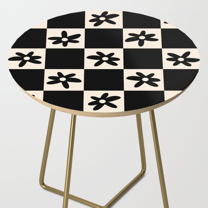 Flower Check Checkerboard Geometric Floral Pattern Black and Almond Cream Side Table Gallery Image 2