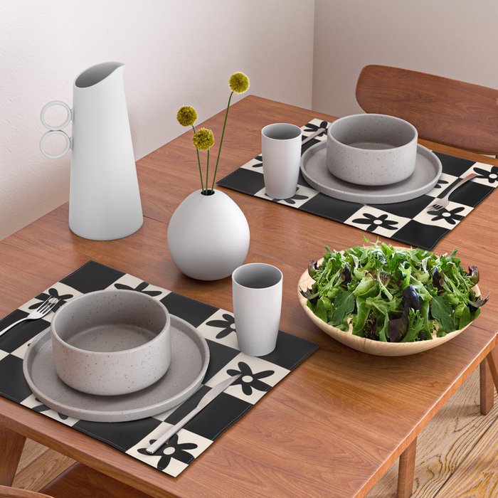 Flower Check Checkerboard Geometric Floral Pattern Black and Almond Cream Placemat Gallery Image 2