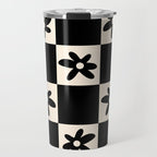 Flower Check Checkerboard Geometric Floral Pattern Black and Almond Cream Travel Mug Gallery Image 1