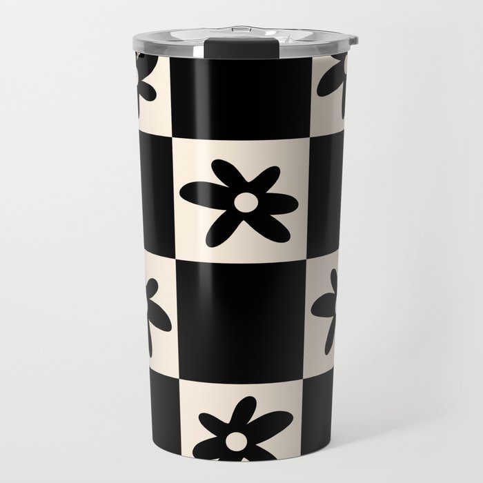 Flower Check Checkerboard Geometric Floral Pattern Black and Almond Cream Travel Mug Gallery Image 1