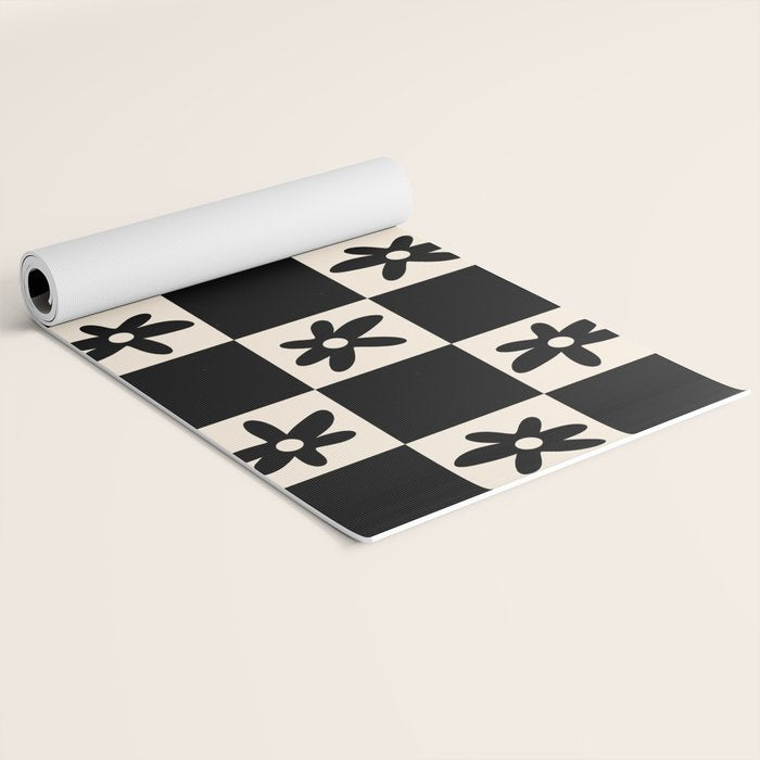 Flower Check Checkerboard Geometric Floral Pattern Black and Almond Cream Yoga Mat Gallery Image 2