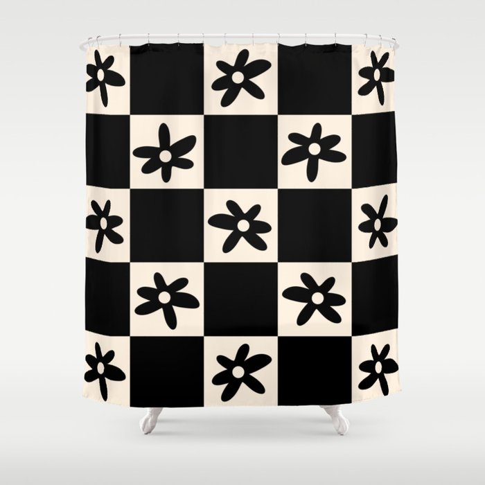 Flower Check Checkerboard Geometric Floral Pattern Black and Almond Cream Shower Curtain Gallery Image 1