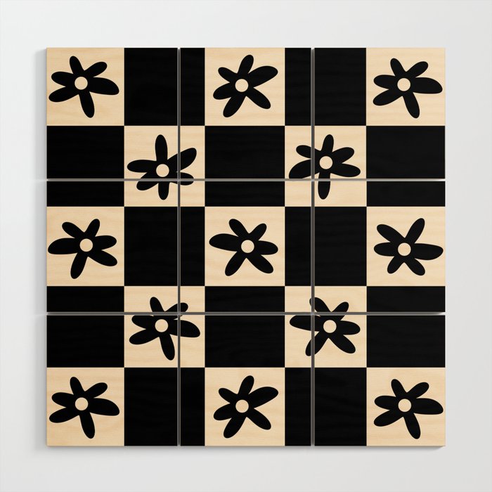 Flower Check Checkerboard Geometric Floral Pattern Black and Almond Cream Wood Wall Art Gallery Image 1