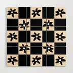 Flower Check Checkerboard Geometric Floral Pattern Black and Almond Cream Wood Wall Art Gallery Image 1
