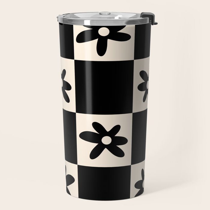 Flower Check Checkerboard Geometric Floral Pattern Black and Almond Cream Travel Mug Gallery Image 2