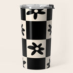 Flower Check Checkerboard Geometric Floral Pattern Black and Almond Cream Travel Mug Gallery Image 2