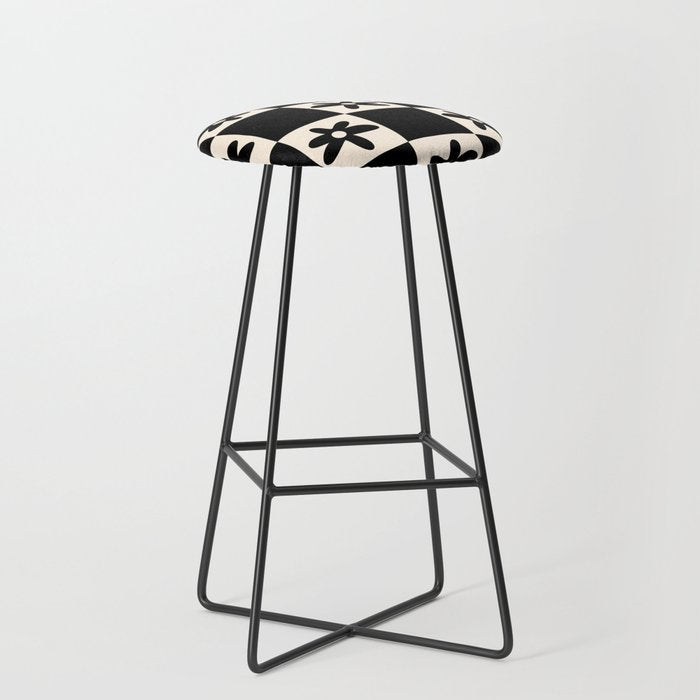 Flower Check Checkerboard Geometric Floral Pattern Black and Almond Cream Stool Gallery Image 1