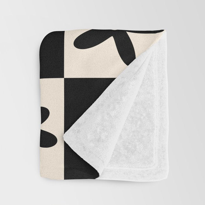 Flower Check Checkerboard Geometric Floral Pattern Black and Almond Cream Throw Blanket Gallery Image 3