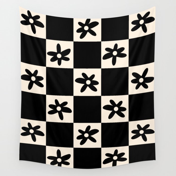 Flower Check Checkerboard Geometric Floral Pattern Black and Almond Cream Wall Tapestry Gallery Image 1
