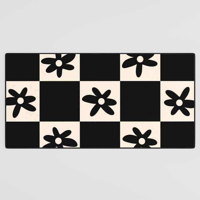 Flower Check Checkerboard Geometric Floral Pattern Black and Almond Cream Desk Mat Gallery Image 3