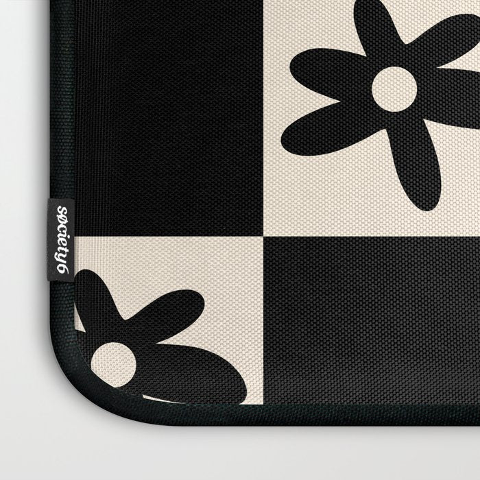 Flower Check Checkerboard Geometric Floral Pattern Black and Almond Cream Laptop Sleeve Gallery Image 3
