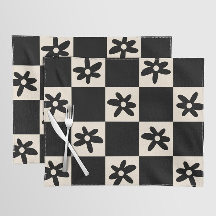 Flower Check Checkerboard Geometric Floral Pattern Black and Almond Cream Placemat Gallery Image 1