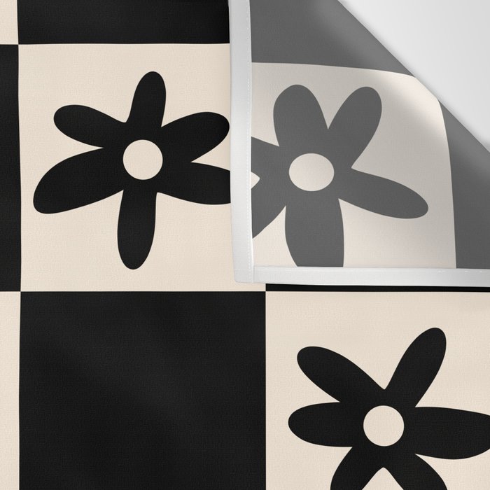 Flower Check Checkerboard Geometric Floral Pattern Black and Almond Cream Wall Tapestry Gallery Image 3
