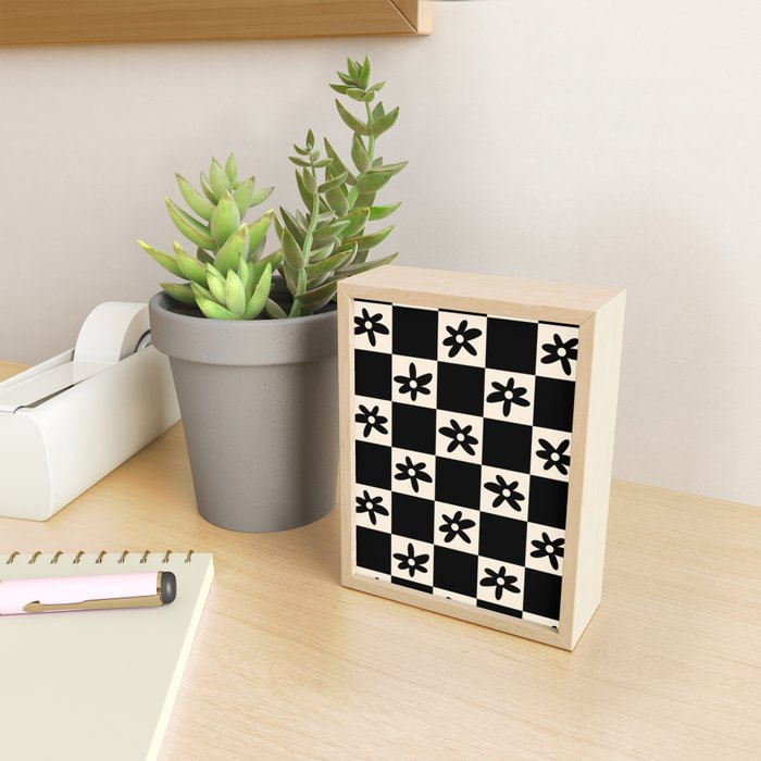 Flower Check Checkerboard Geometric Floral Pattern Black and Almond Cream Mini Art Print Gallery Image 2