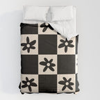 Flower Check Checkerboard Geometric Floral Pattern Black and Almond Cream Comforter Gallery Image 6