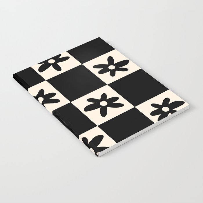 Flower Check Checkerboard Geometric Floral Pattern Black and Almond Cream Notebook Gallery Image 2