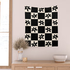 Flower Check Checkerboard Geometric Floral Pattern Black and Almond Cream Wall Tapestry Gallery Image 2